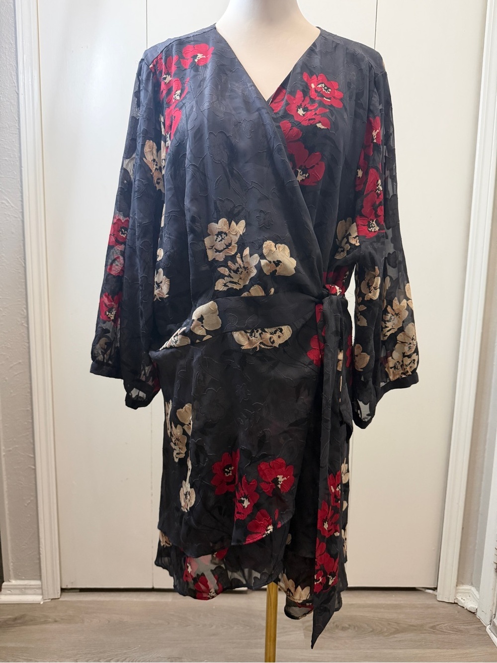 Torrid wrap Black Dress with Red Floral Accents - Picture 3 of 11